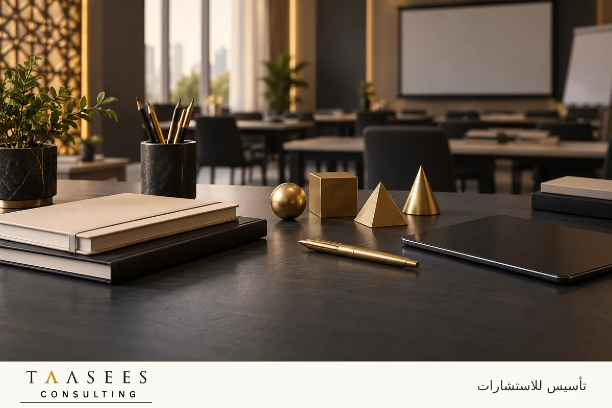 تصور توضيحي: أدوات ودفاتر تعليمية ومجسمات هندسية