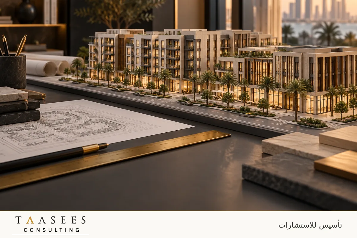 تصور توضيحي: مجسم معماري لمبانٍ سكنية وتجارية على طاولة تخطيط