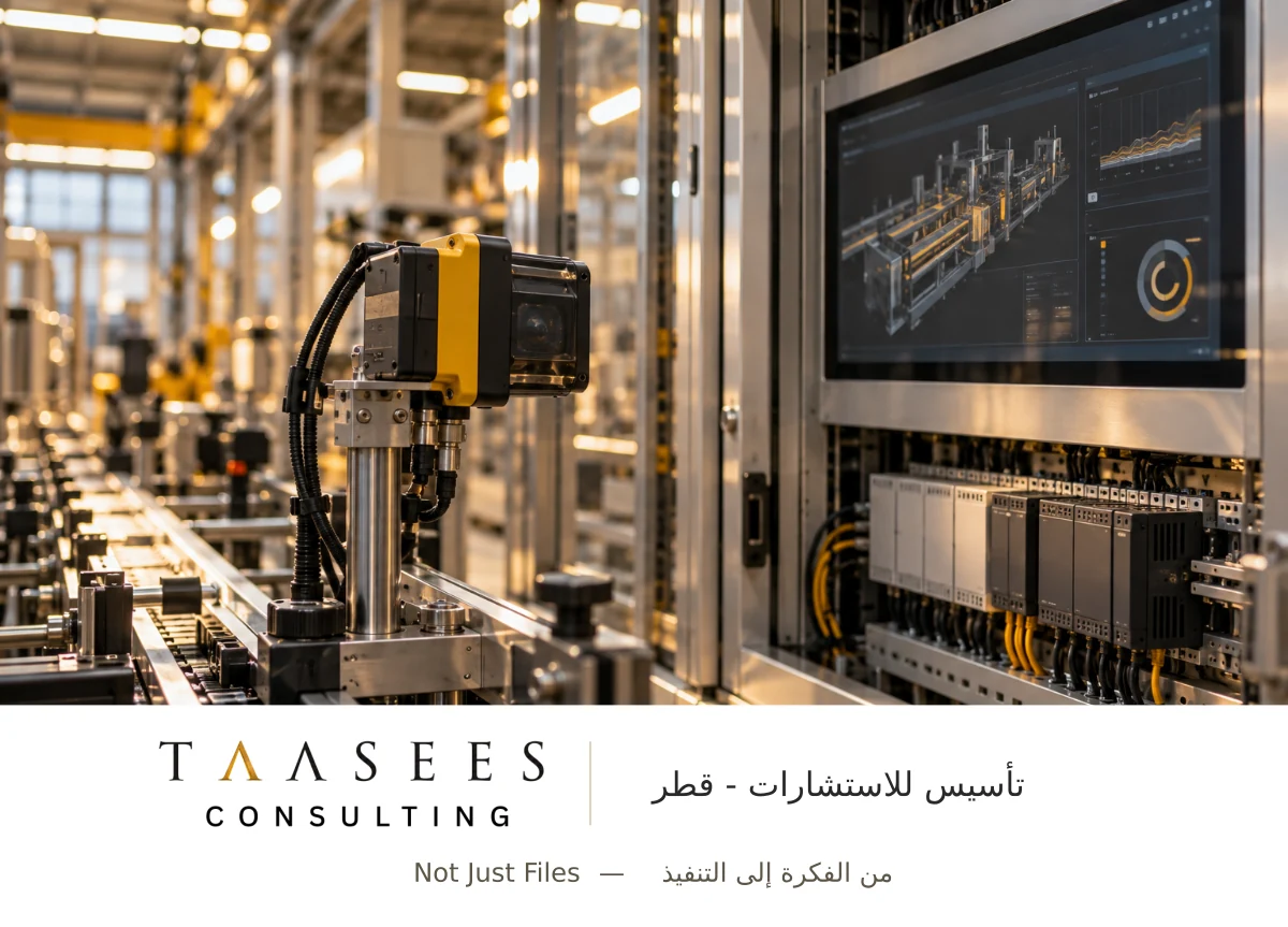 حساس وتحكم صناعي يوضحان متطلبات ربط المعدات عند تجهيز مصنع رقمي