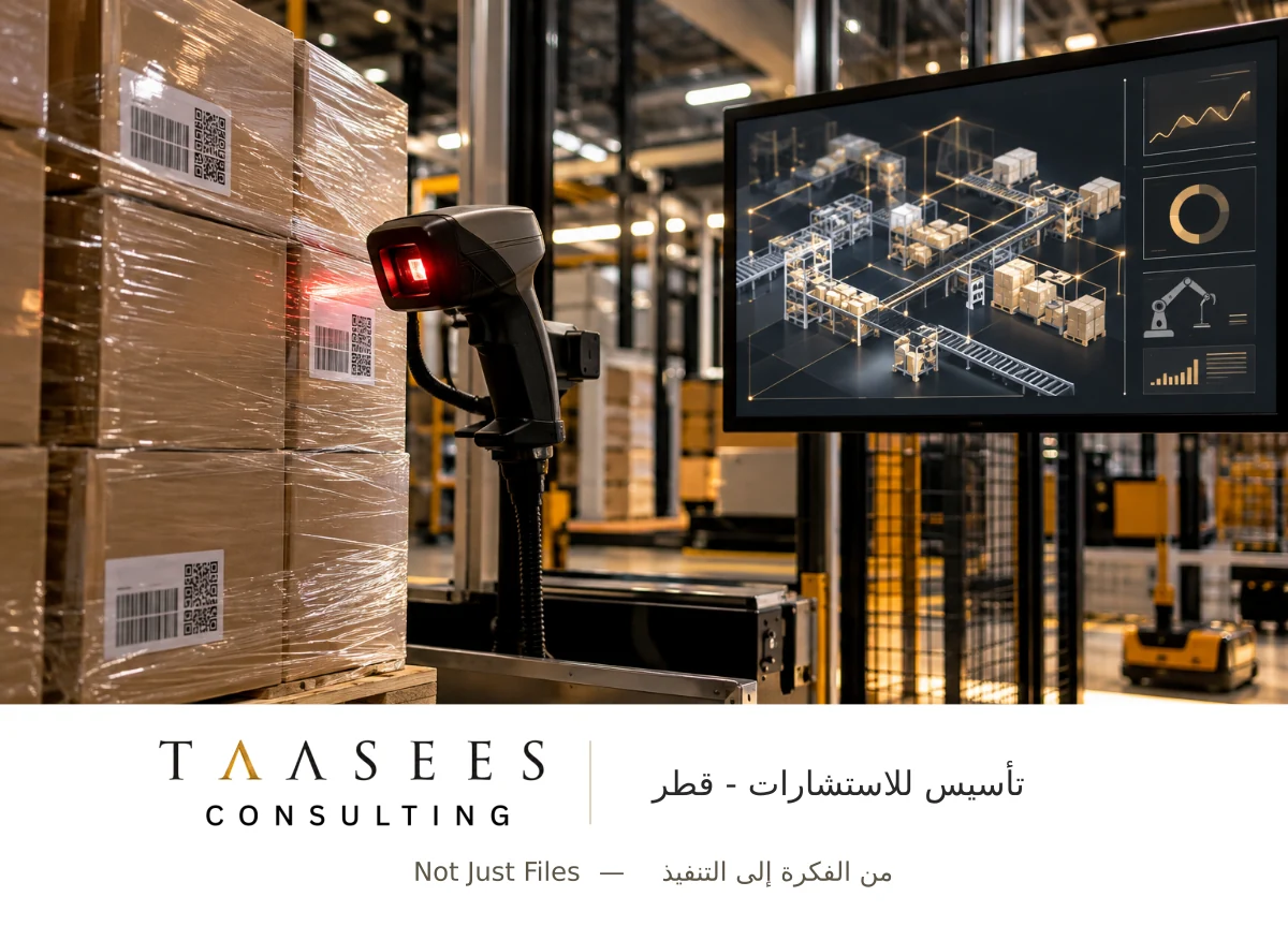 قارئ رموز ومخزون مرتبط بشاشة صناعية لتوضيح ربط ERP وMES