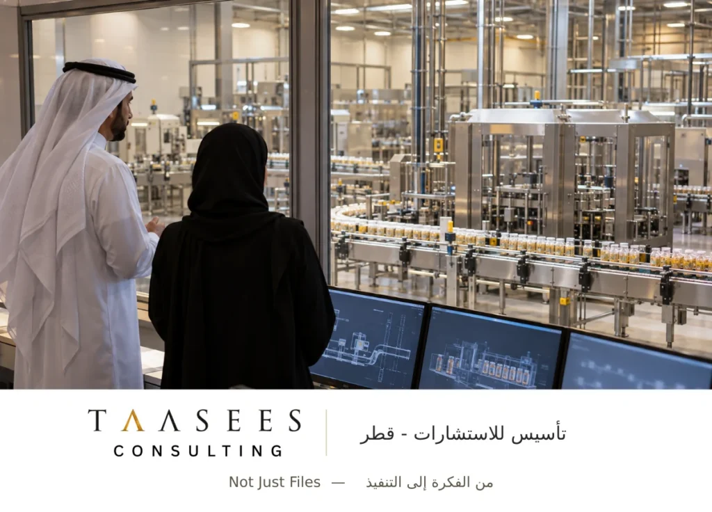مستثمر قطري يراجع خط تعبئة غذائية من غرفة مراقبة مغلقة