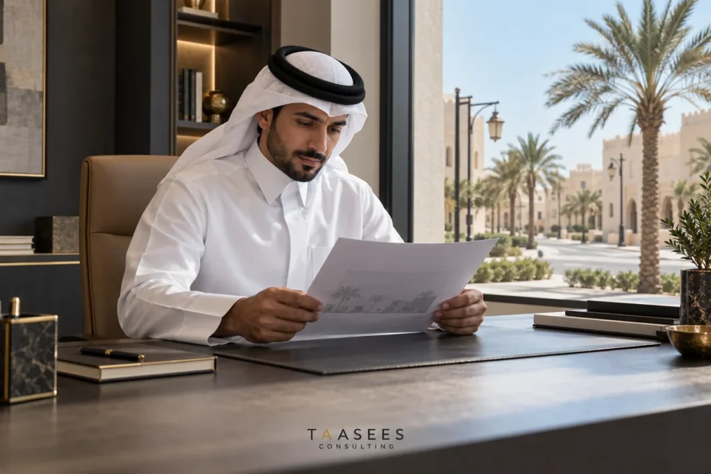 صاحب مشروع يراجع ورقة تقييم أولي بإطلالة منخفضة الارتفاع