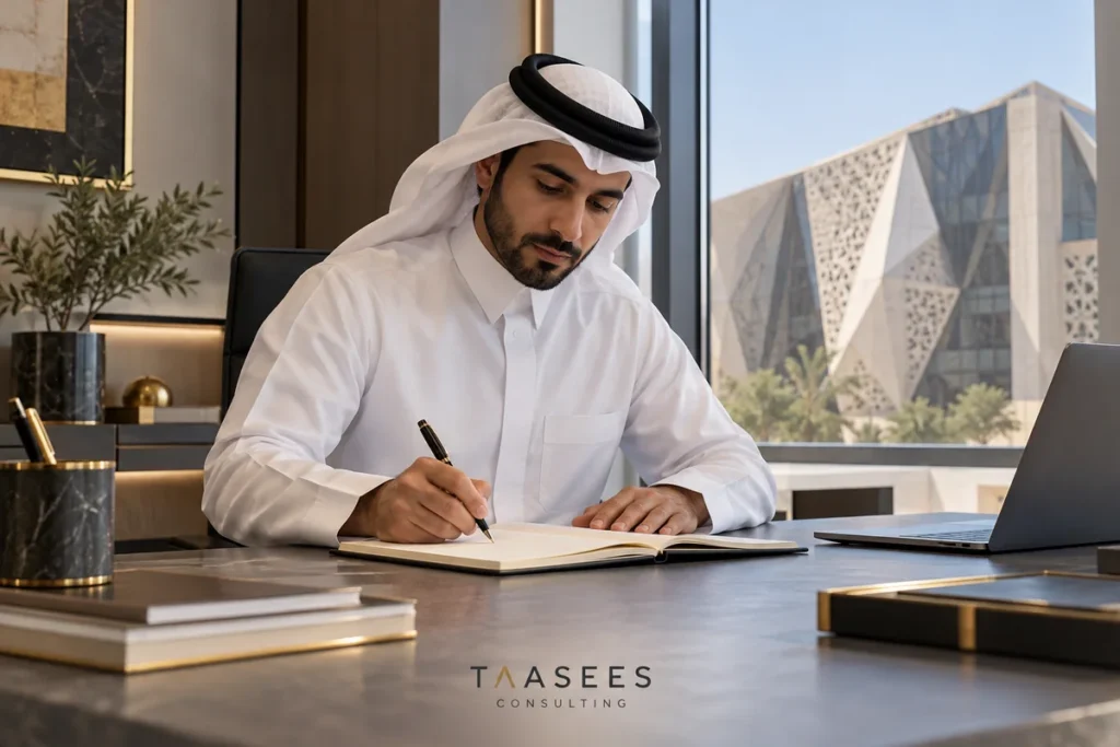 مستثمر يملأ نموذجًا أمام مبنى هندسي عام