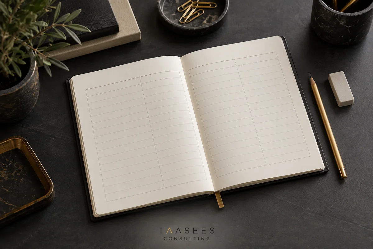 دفتر بجداول فارغة لتوضيح تعبئة بيانات المشروع