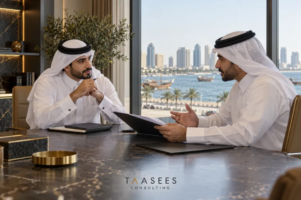 شريكان بالزي القطري يناقشان قرار الاستثمار