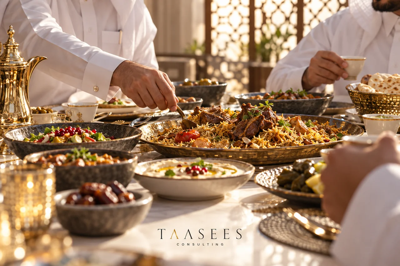 طاولة وأطباق مشاركة في تجربة مطعم عائلي