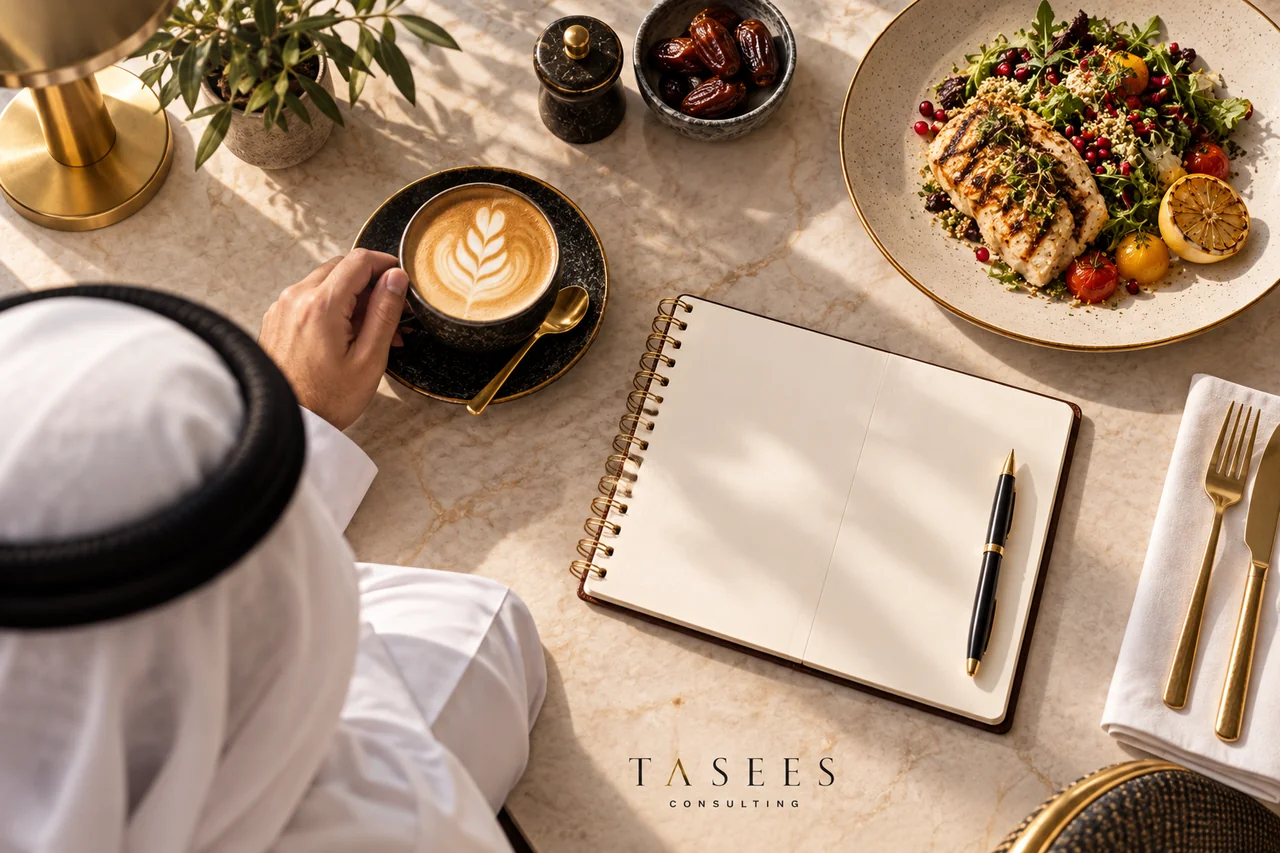 قهوة وطبق طعام مع ملف تخطيط للاستثمار