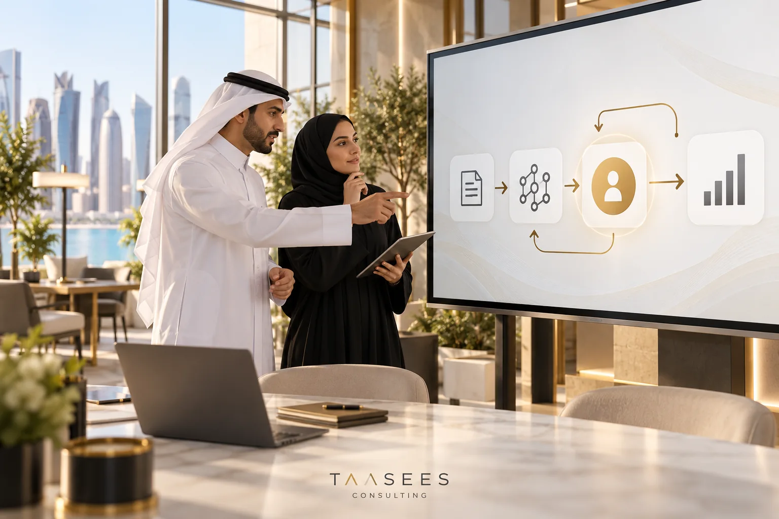 فريق قطري يناقش الإشراف البشري المستمر على خدمة رقمية — تصور توضيحي