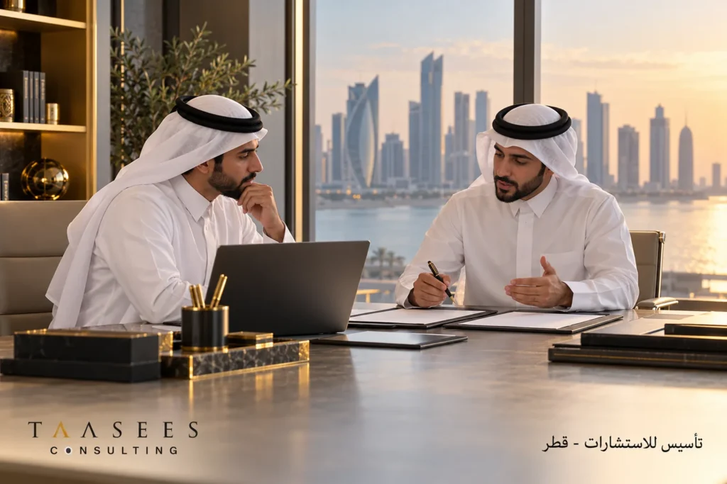 شريكان بالزي القطري يناقشان تأسيس شركة بين شركاء في قطر