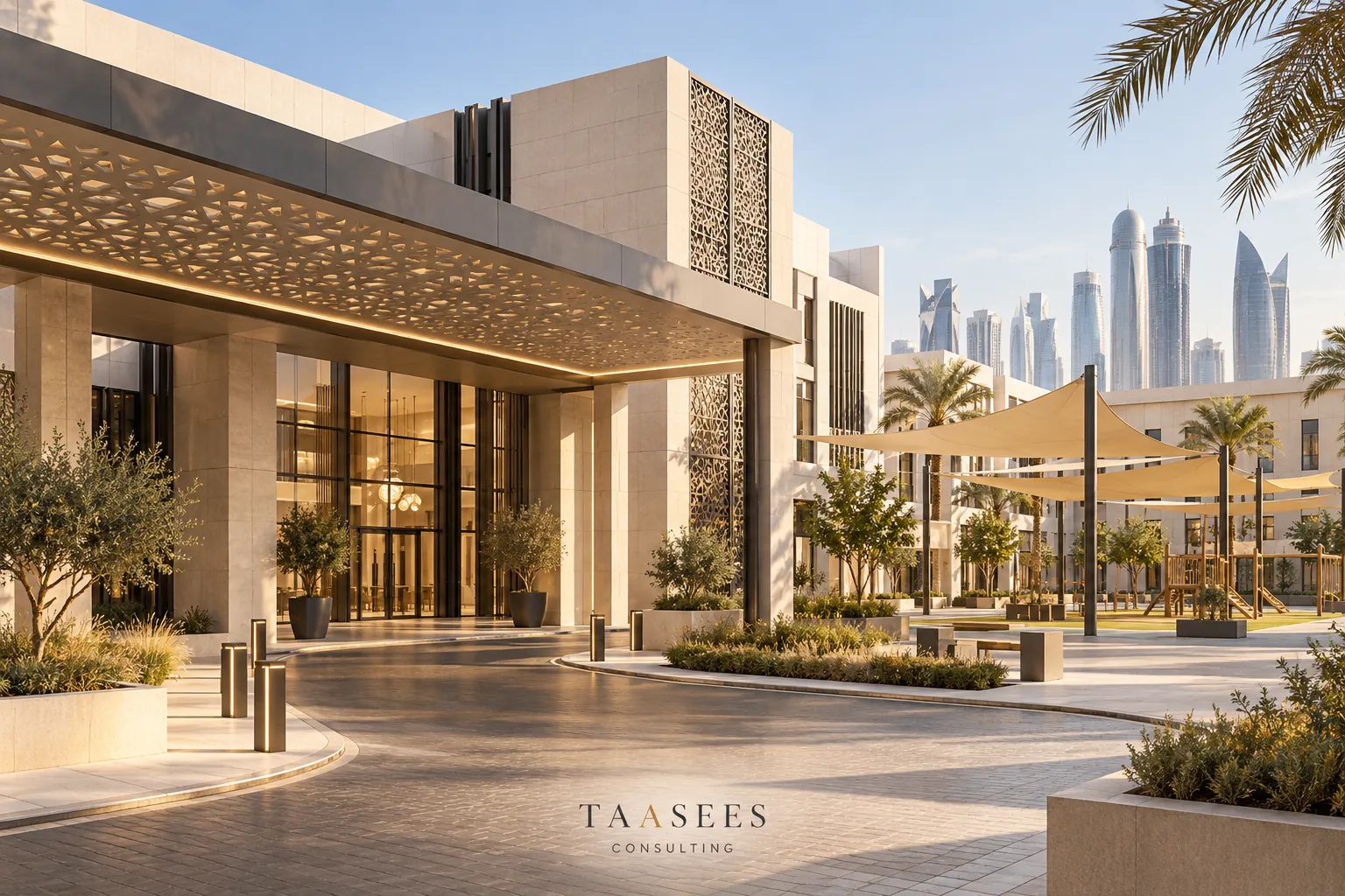 مدخل مدرسة وساحة مظللة في تصميم مستوحى من قطر
