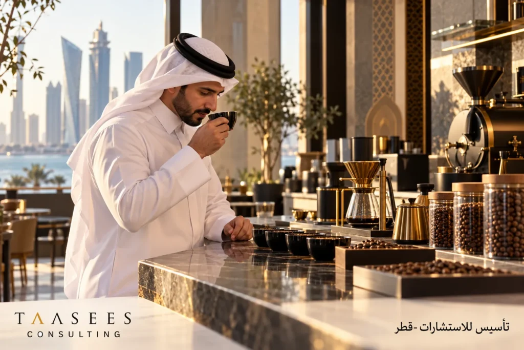 مستثمر بالزي القطري يختبر جودة القهوة لمشروع كافيه مختص